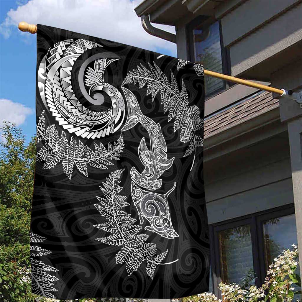 New Zealand Sea Animals with Maori Tribal Tattoo Garden Flag Shark Manta Ray with Silver Fern Black LT03 - Polynesian Pride