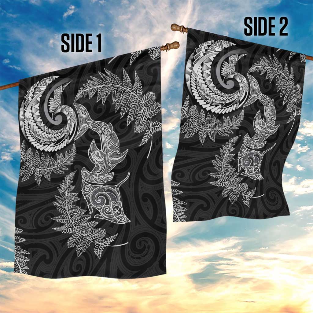 New Zealand Sea Animals with Maori Tribal Tattoo Garden Flag Shark Manta Ray with Silver Fern Black LT03 - Polynesian Pride