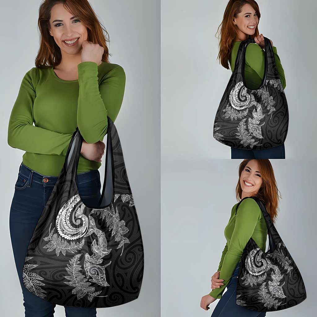 New Zealand Sea Animals with Maori Tribal Tattoo Grocery Bag Shark Manta Ray with Silver Fern Black LT03 - Polynesian Pride