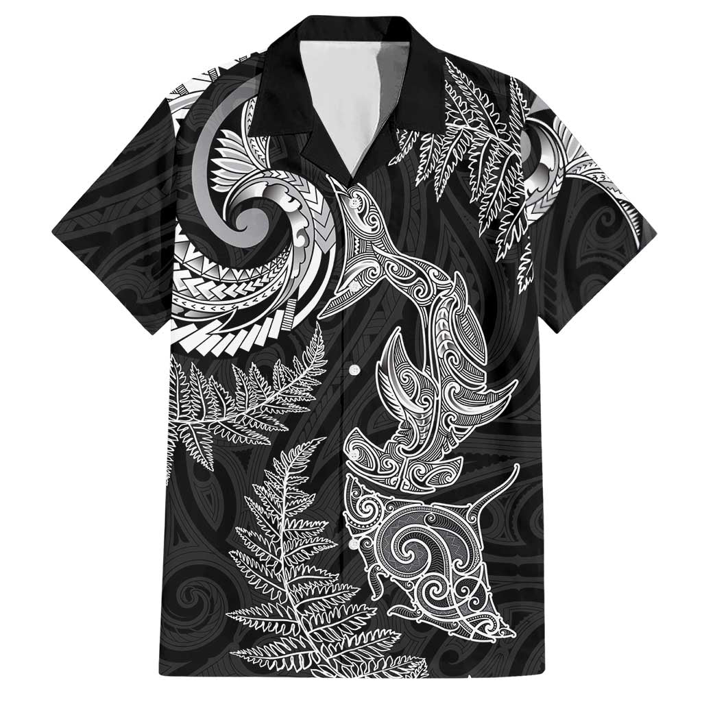 New Zealand Sea Animals with Maori Tribal Tattoo Hawaiian Shirt Shark Manta Ray with Silver Fern Black LT03 Black - Polynesian Pride