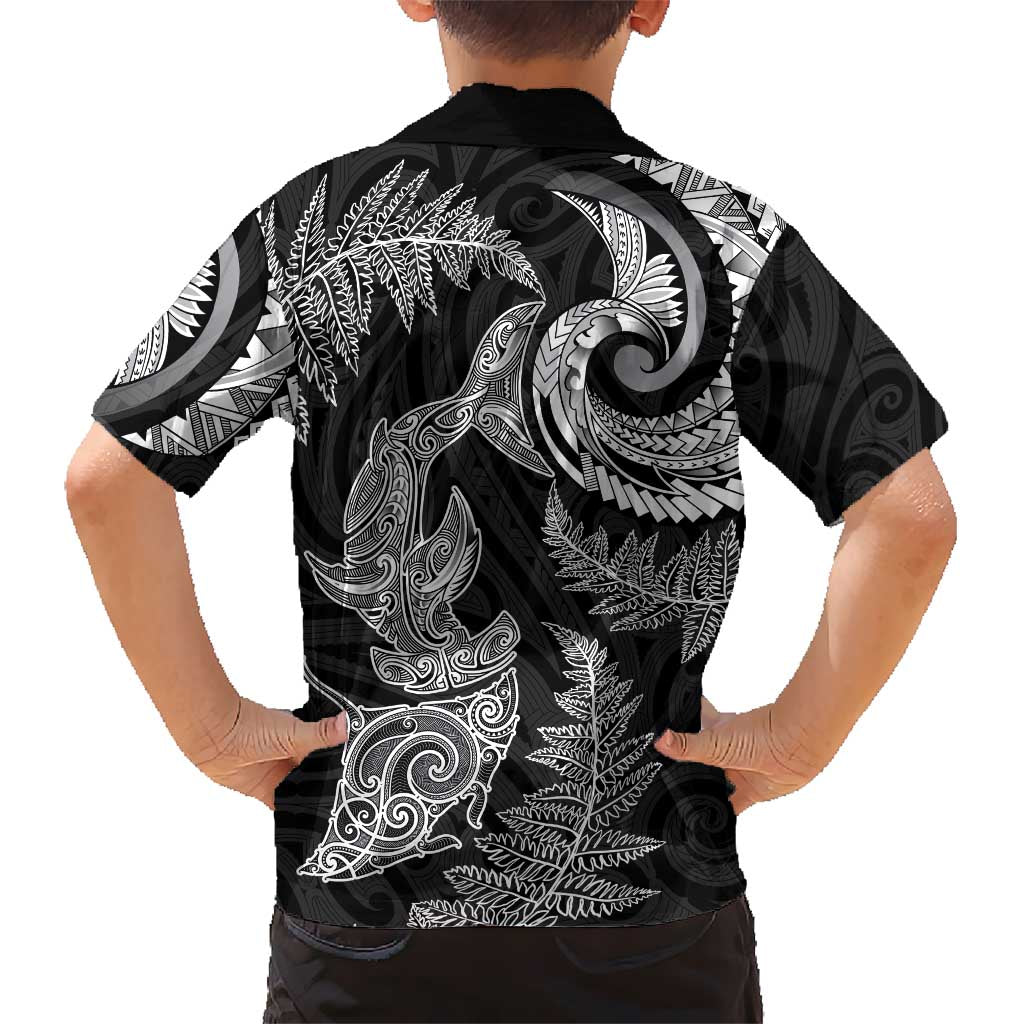 New Zealand Sea Animals with Maori Tribal Tattoo Hawaiian Shirt Shark Manta Ray with Silver Fern Black LT03 - Polynesian Pride