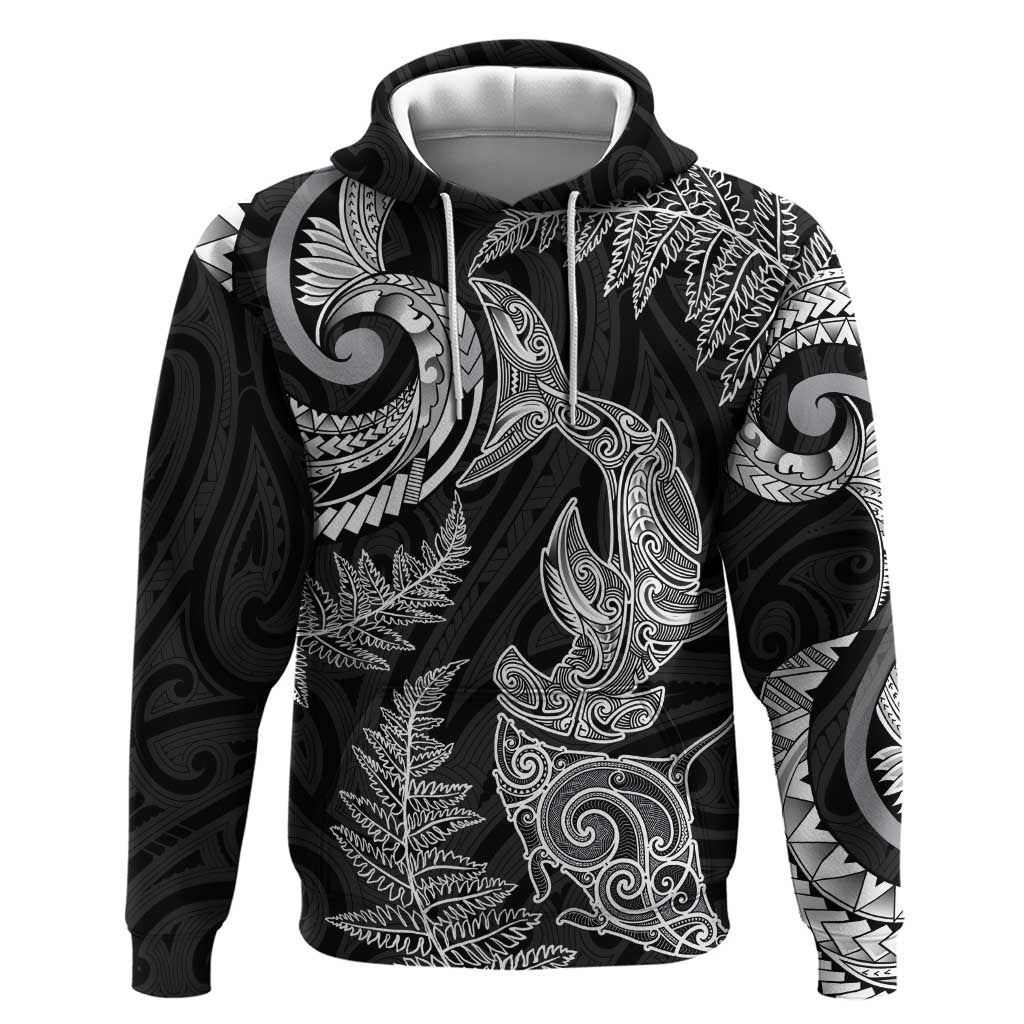 New Zealand Sea Animals with Maori Tribal Tattoo Hoodie Shark Manta Ray with Silver Fern Black LT03 Pullover Hoodie Black - Polynesian Pride