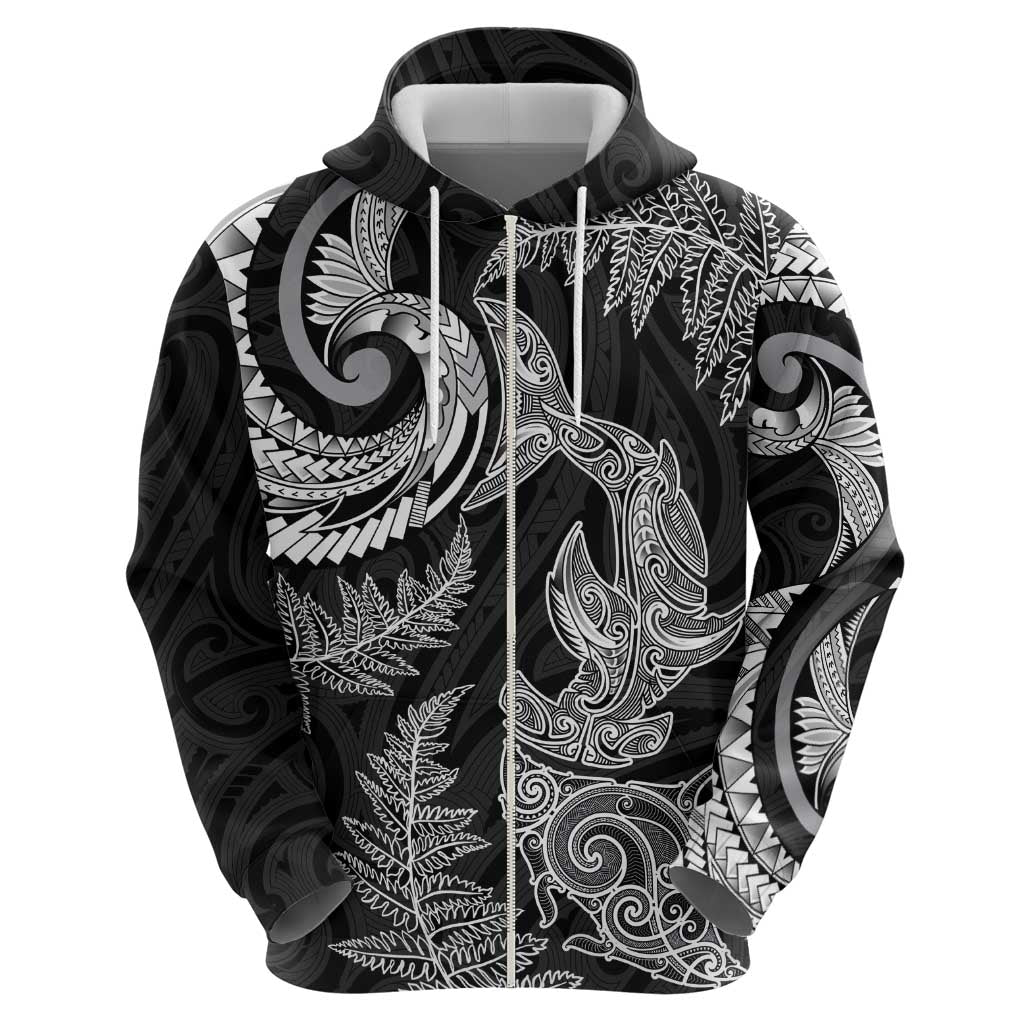New Zealand Sea Animals with Maori Tribal Tattoo Hoodie Shark Manta Ray with Silver Fern Black LT03 - Polynesian Pride