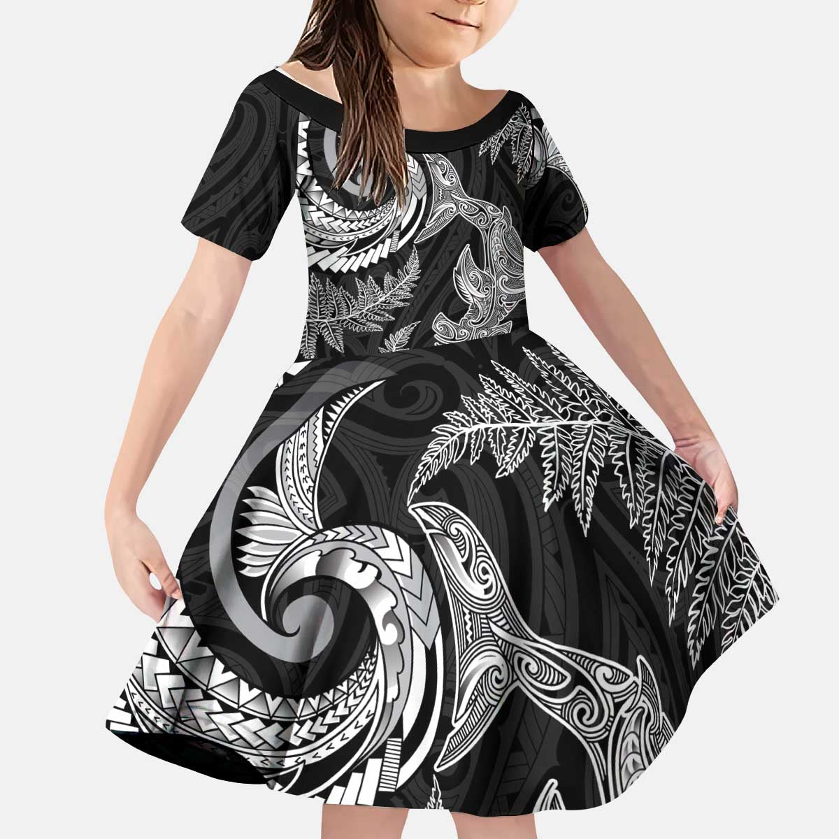 New Zealand Sea Animals with Maori Tribal Tattoo Kid Short Sleeve Dress Shark Manta Ray with Silver Fern Black LT03 KID Black - Polynesian Pride