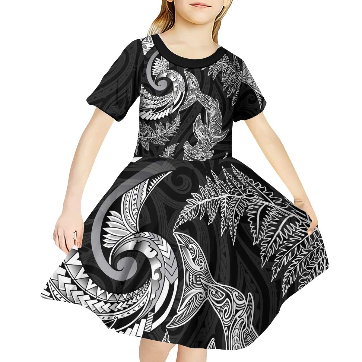 New Zealand Sea Animals with Maori Tribal Tattoo Kid Short Sleeve Dress Shark Manta Ray with Silver Fern Black LT03 - Polynesian Pride