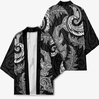 New Zealand Sea Animals with Maori Tribal Tattoo Kimono Shark Manta Ray with Silver Fern Black LT03 - Polynesian Pride