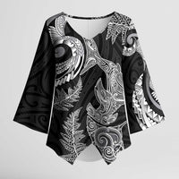 New Zealand Sea Animals with Maori Tribal Tattoo Kimono Sleeve Blouse Shark Manta Ray with Silver Fern Black LT03 Female Black - Polynesian Pride