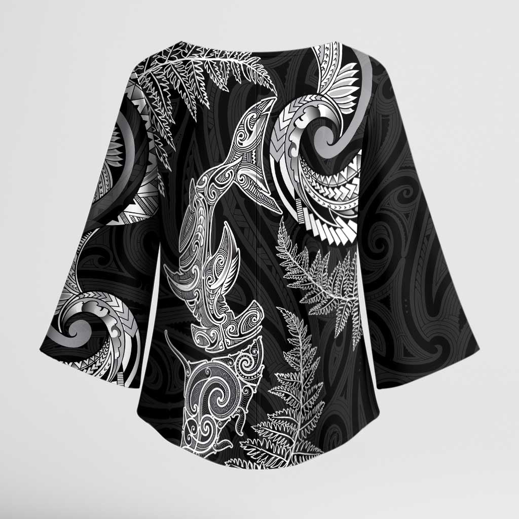 New Zealand Sea Animals with Maori Tribal Tattoo Kimono Sleeve Blouse Shark Manta Ray with Silver Fern Black LT03 - Polynesian Pride