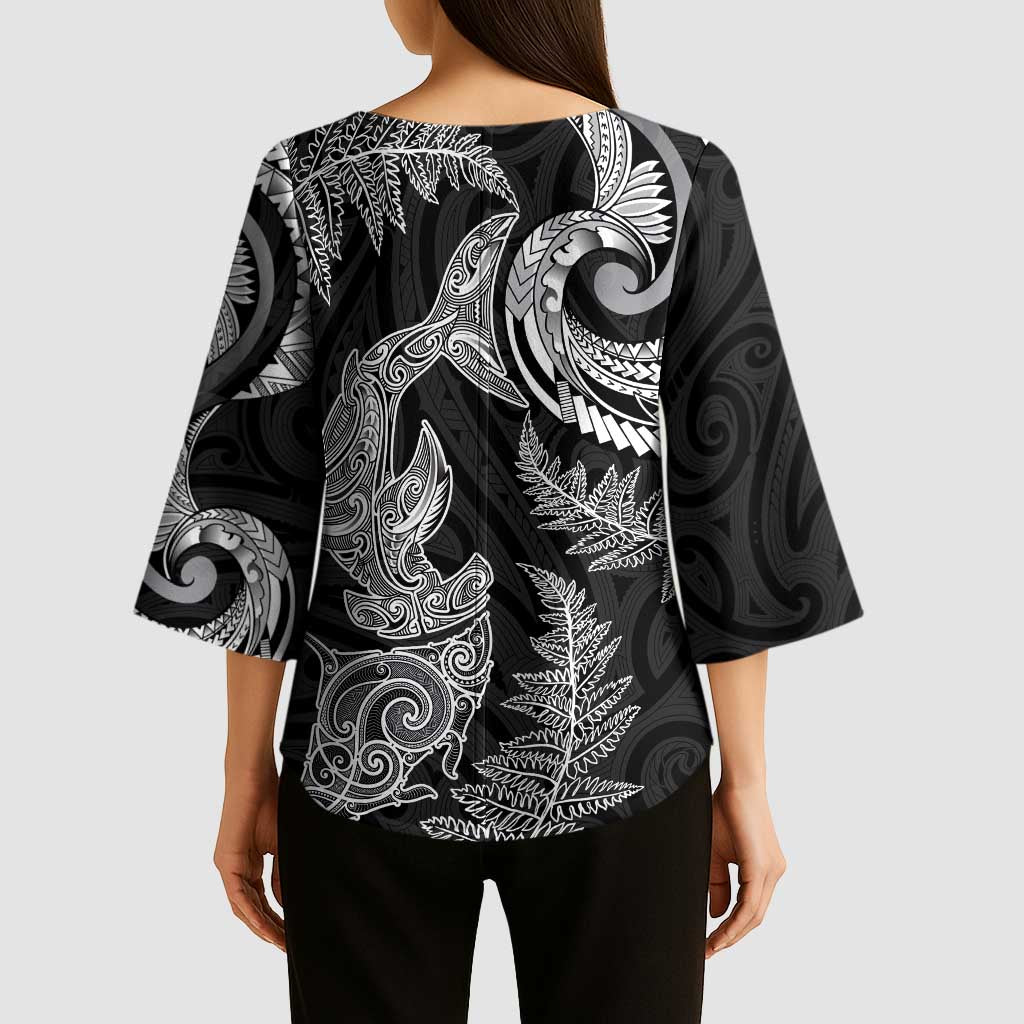 New Zealand Sea Animals with Maori Tribal Tattoo Kimono Sleeve Blouse Shark Manta Ray with Silver Fern Black LT03 - Polynesian Pride