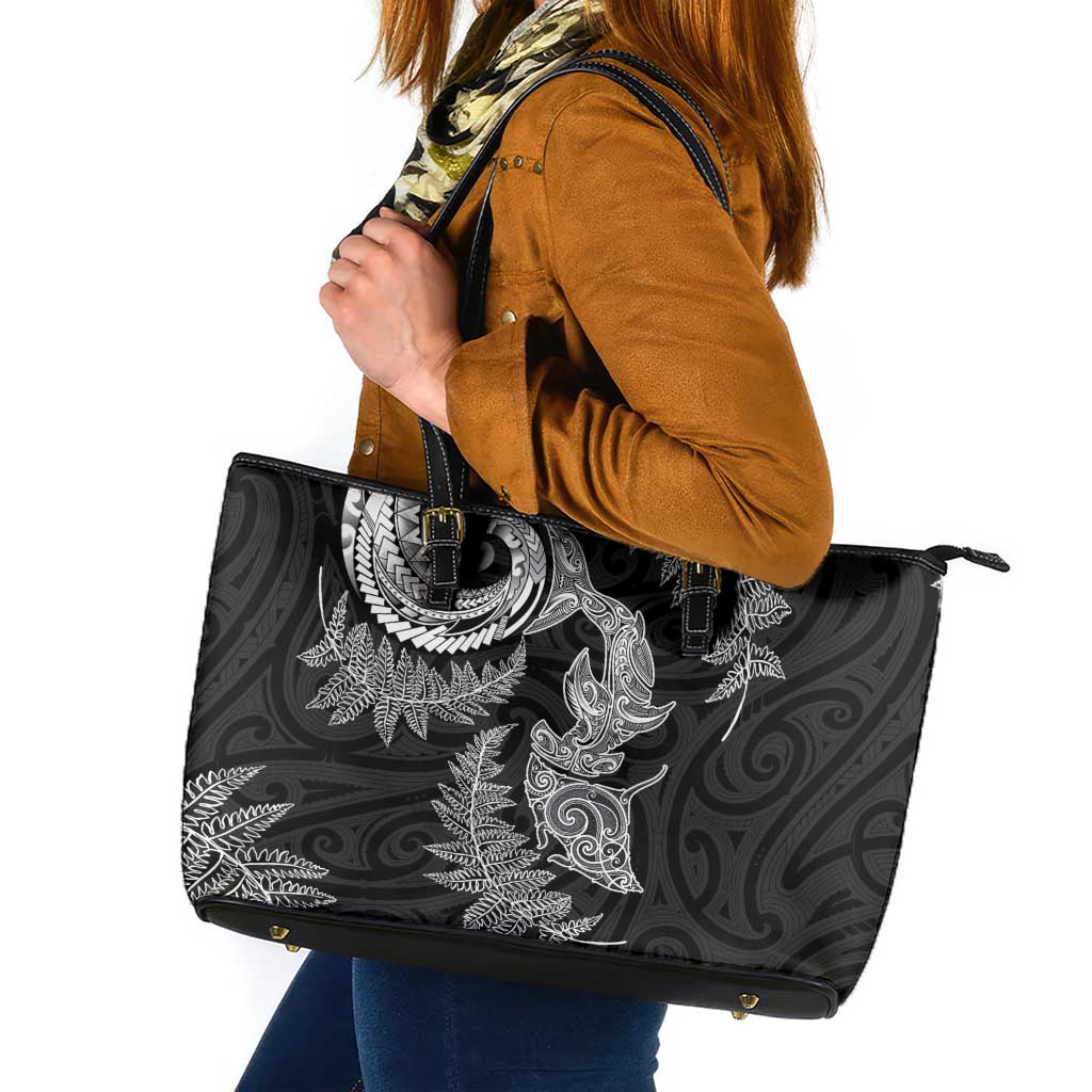 New Zealand Sea Animals with Maori Tribal Tattoo Leather Tote Bag Shark Manta Ray with Silver Fern Black LT03 Black - Polynesian Pride