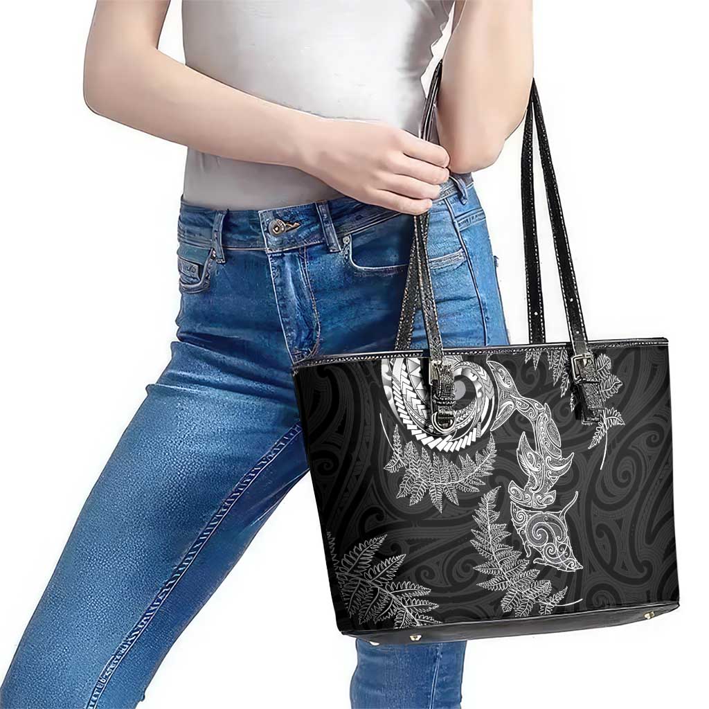 New Zealand Sea Animals with Maori Tribal Tattoo Leather Tote Bag Shark Manta Ray with Silver Fern Black LT03 - Polynesian Pride