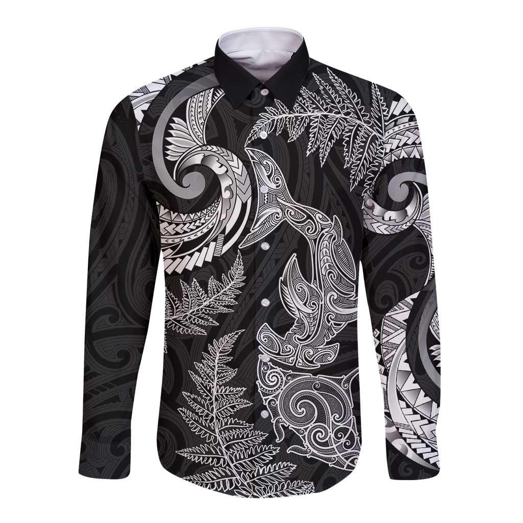 New Zealand Sea Animals with Maori Tribal Tattoo Long Sleeve Button Shirt Shark Manta Ray with Silver Fern Black LT03 Unisex Black - Polynesian Pride