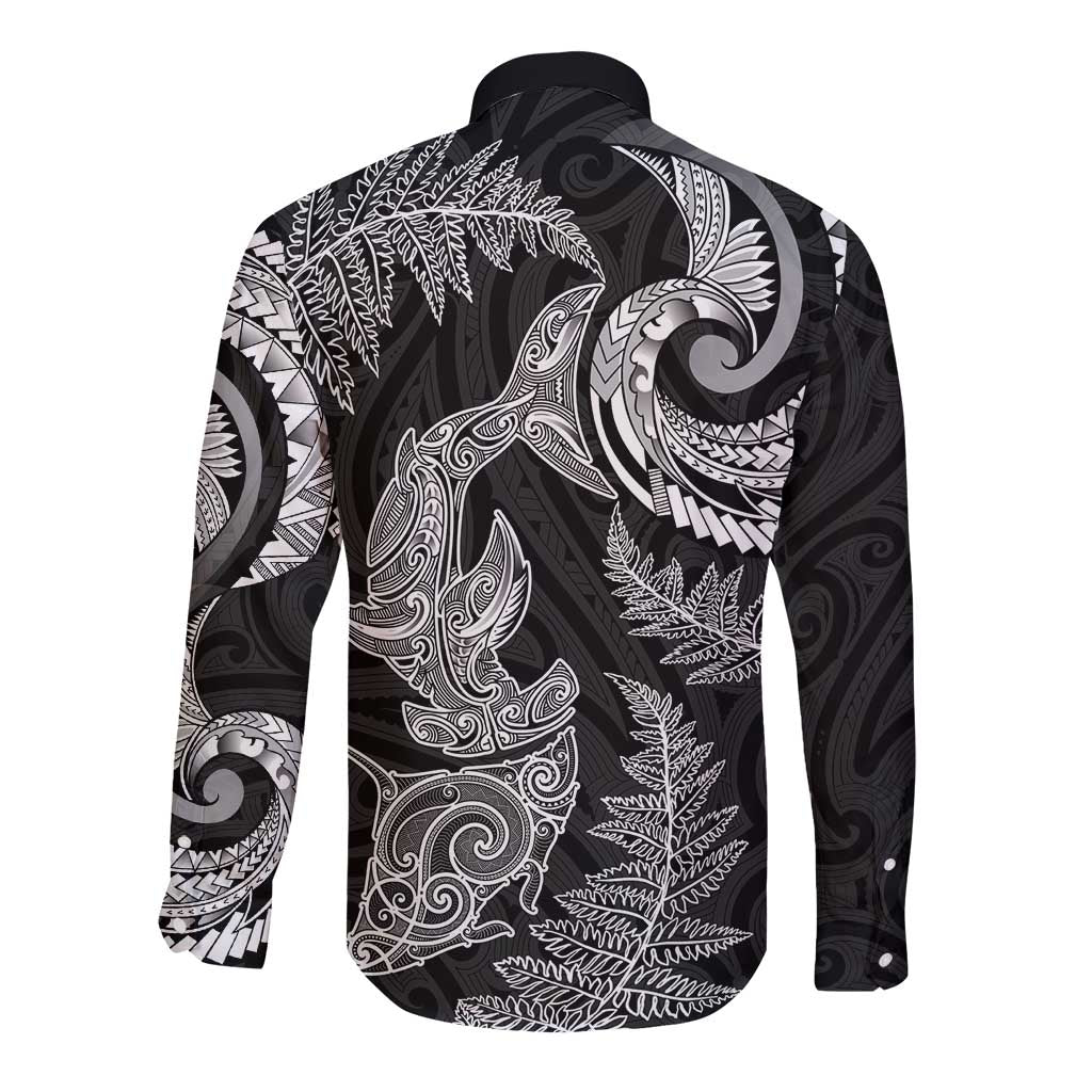 New Zealand Sea Animals with Maori Tribal Tattoo Long Sleeve Button Shirt Shark Manta Ray with Silver Fern Black LT03 - Polynesian Pride
