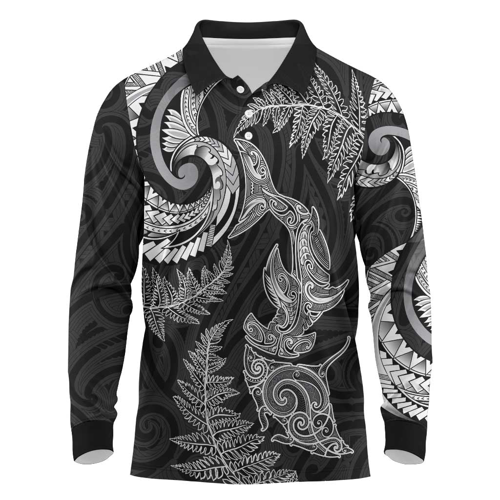 New Zealand Sea Animals with Maori Tribal Tattoo Long Sleeve Polo Shirt Shark Manta Ray with Silver Fern Black LT03 Black - Polynesian Pride