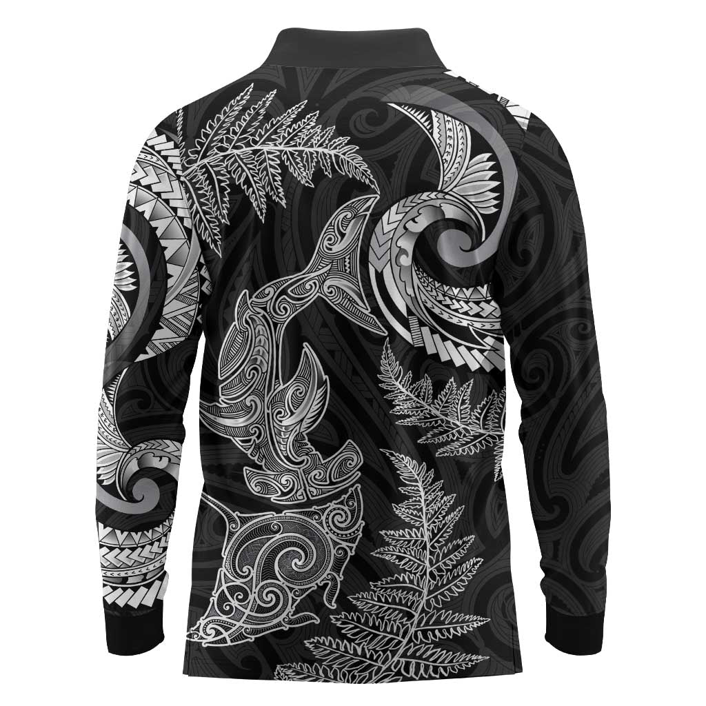 New Zealand Sea Animals with Maori Tribal Tattoo Long Sleeve Polo Shirt Shark Manta Ray with Silver Fern Black LT03 - Polynesian Pride