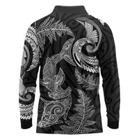 New Zealand Sea Animals with Maori Tribal Tattoo Long Sleeve Polo Shirt Shark Manta Ray with Silver Fern Black LT03 - Polynesian Pride