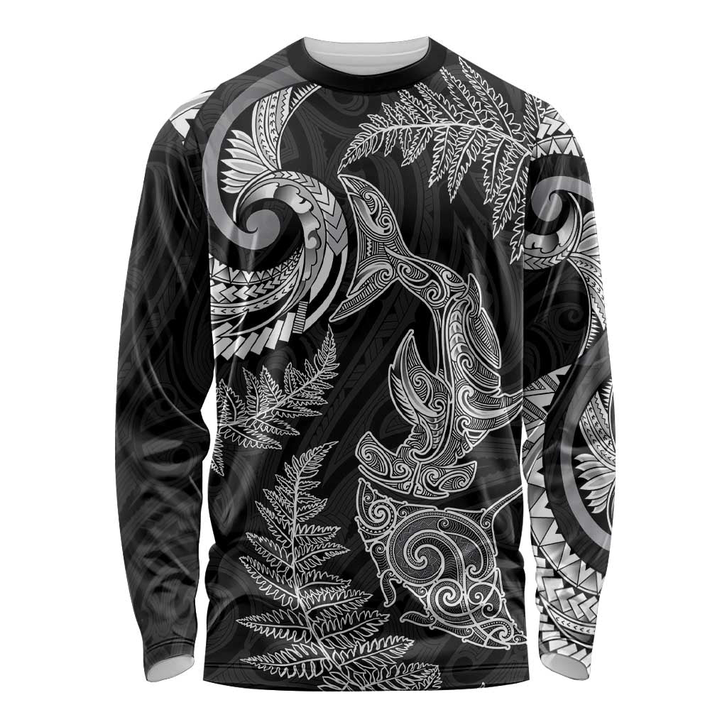 New Zealand Sea Animals with Maori Tribal Tattoo Long Sleeve Shirt Shark Manta Ray with Silver Fern Black LT03 Unisex Black - Polynesian Pride