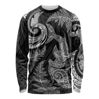 New Zealand Sea Animals with Maori Tribal Tattoo Long Sleeve Shirt Shark Manta Ray with Silver Fern Black LT03 Unisex Black - Polynesian Pride