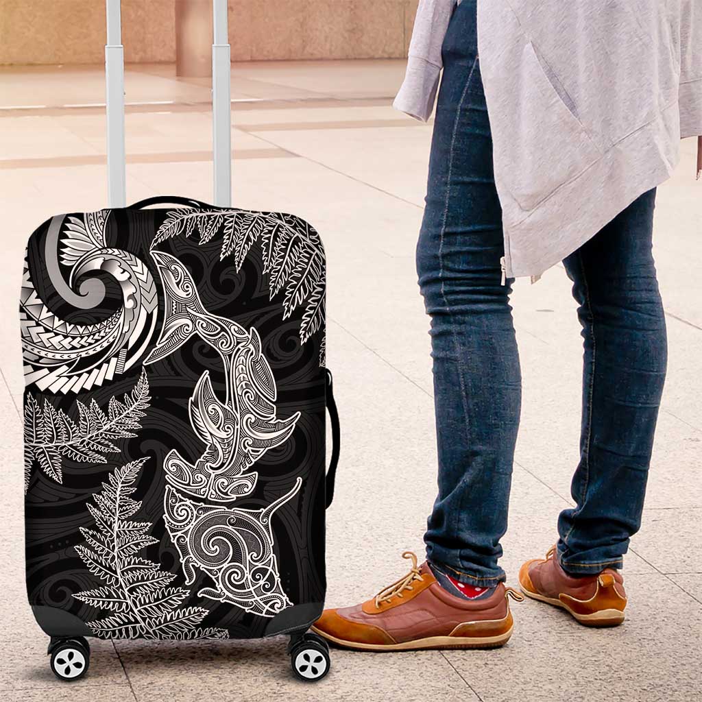 New Zealand Sea Animals with Maori Tribal Tattoo Luggage Cover Shark Manta Ray with Silver Fern Black