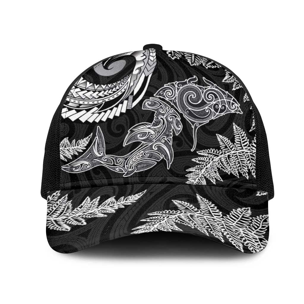 New Zealand Sea Animals with Maori Tribal Tattoo Mesh Trucker Cap Shark Manta Ray with Silver Fern Black LT03 One Size Black Black - Polynesian Pride