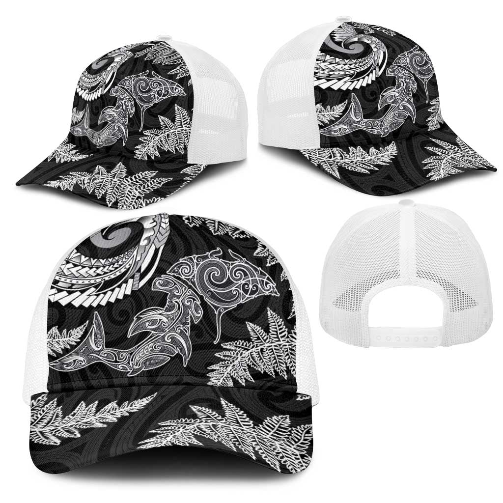 New Zealand Sea Animals with Maori Tribal Tattoo Mesh Trucker Cap Shark Manta Ray with Silver Fern Black LT03 - Polynesian Pride