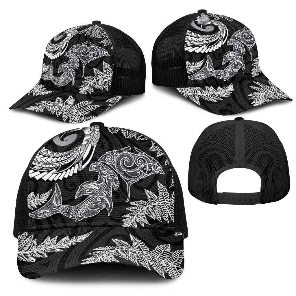 New Zealand Sea Animals with Maori Tribal Tattoo Mesh Trucker Cap Shark Manta Ray with Silver Fern Black LT03 - Polynesian Pride