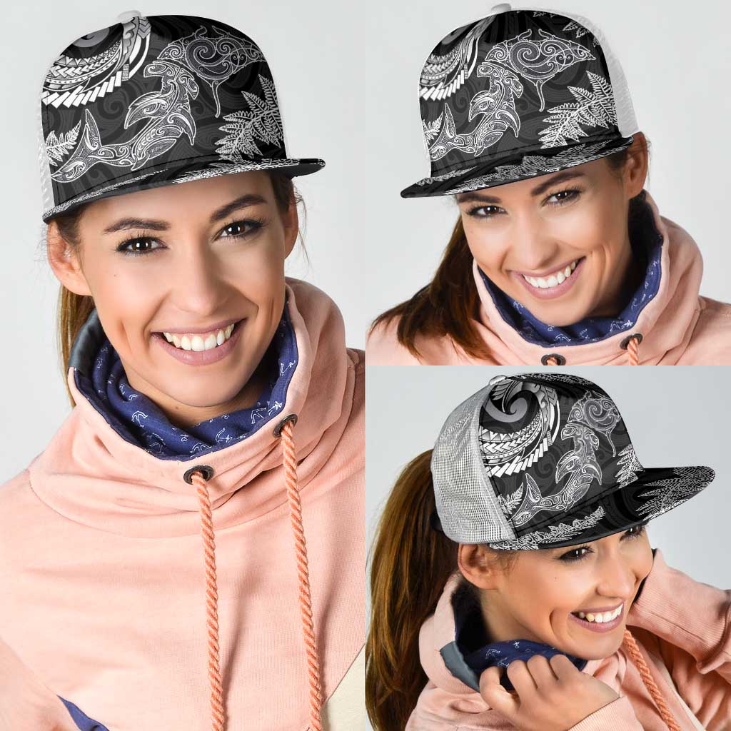 New Zealand Sea Animals with Maori Tribal Tattoo Mesh Trucker Cap Shark Manta Ray with Silver Fern Black LT03 - Polynesian Pride
