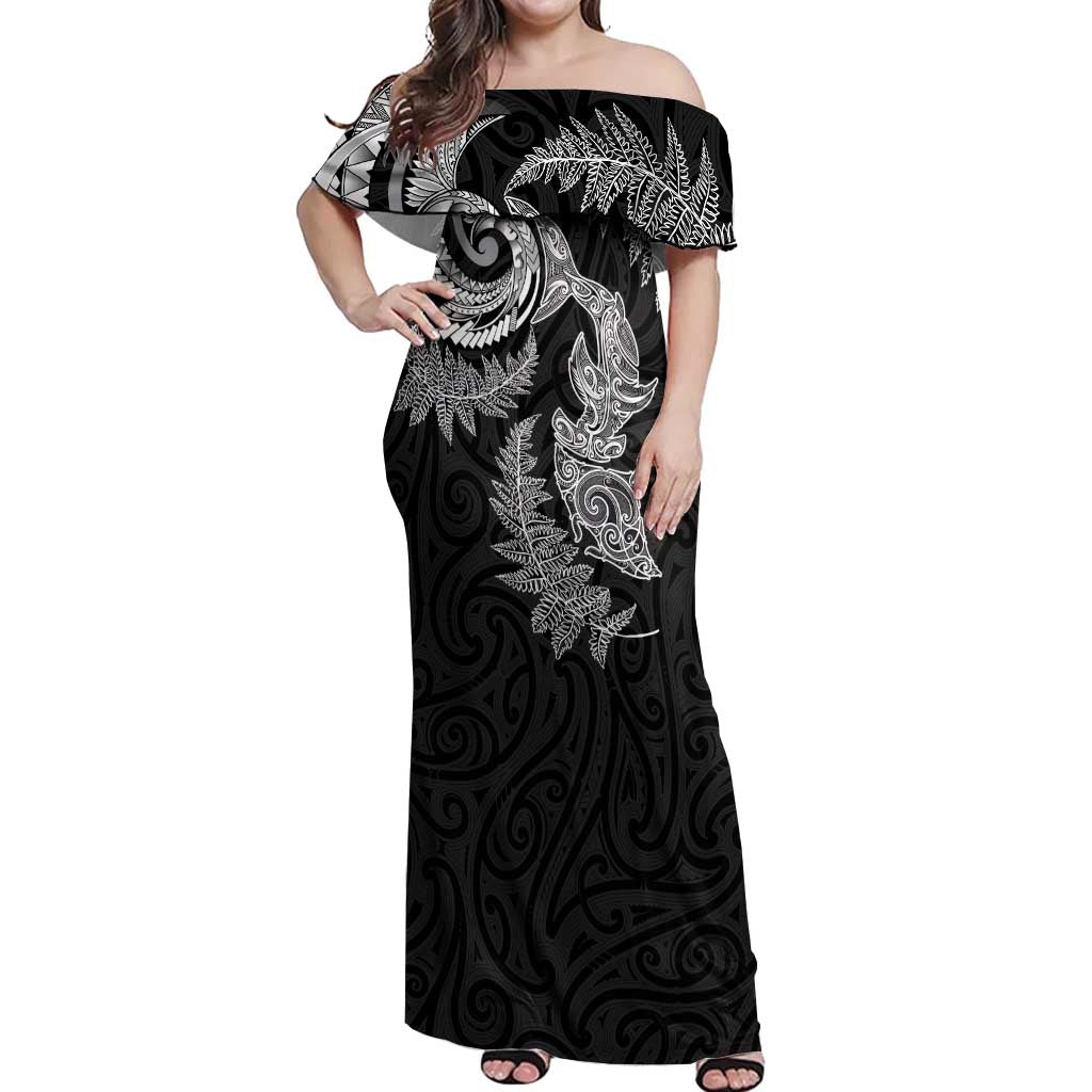 New Zealand Sea Animals with Maori Tribal Tattoo Off Shoulder Maxi Dress Shark Manta Ray with Silver Fern Black LT03 Women Black - Polynesian Pride