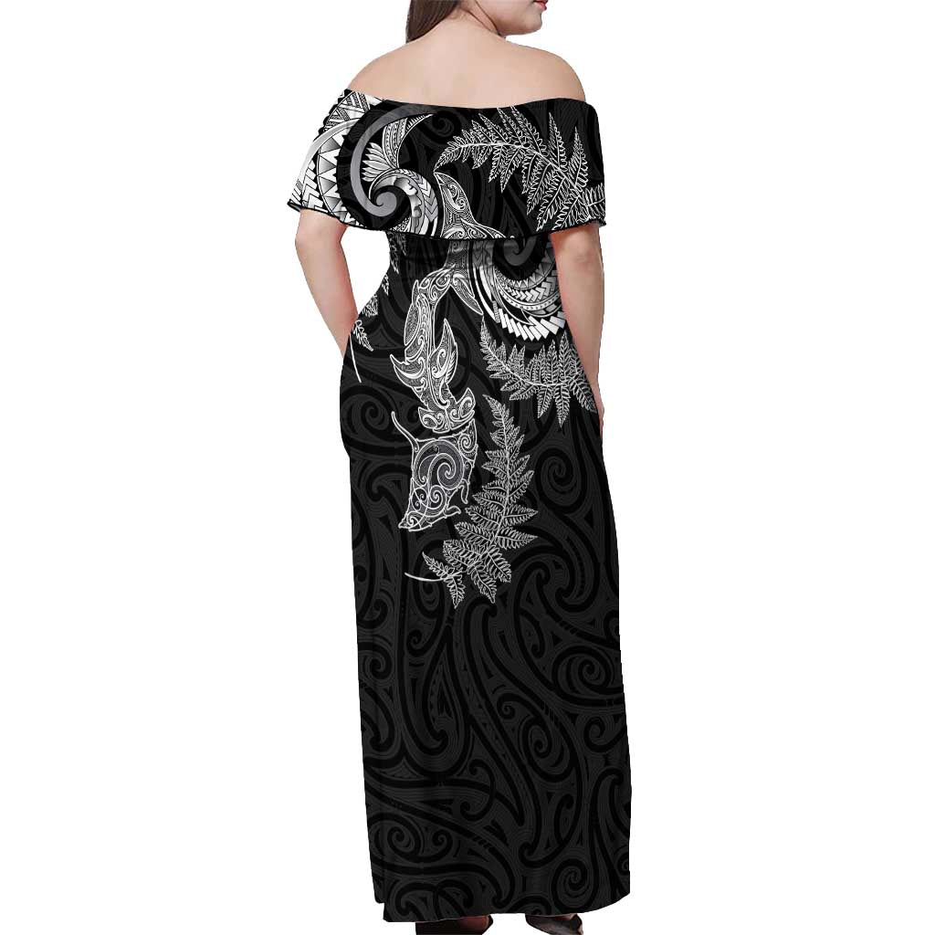 New Zealand Sea Animals with Maori Tribal Tattoo Off Shoulder Maxi Dress Shark Manta Ray with Silver Fern Black LT03 - Polynesian Pride