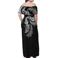 New Zealand Sea Animals with Maori Tribal Tattoo Off Shoulder Maxi Dress Shark Manta Ray with Silver Fern Black LT03 - Polynesian Pride