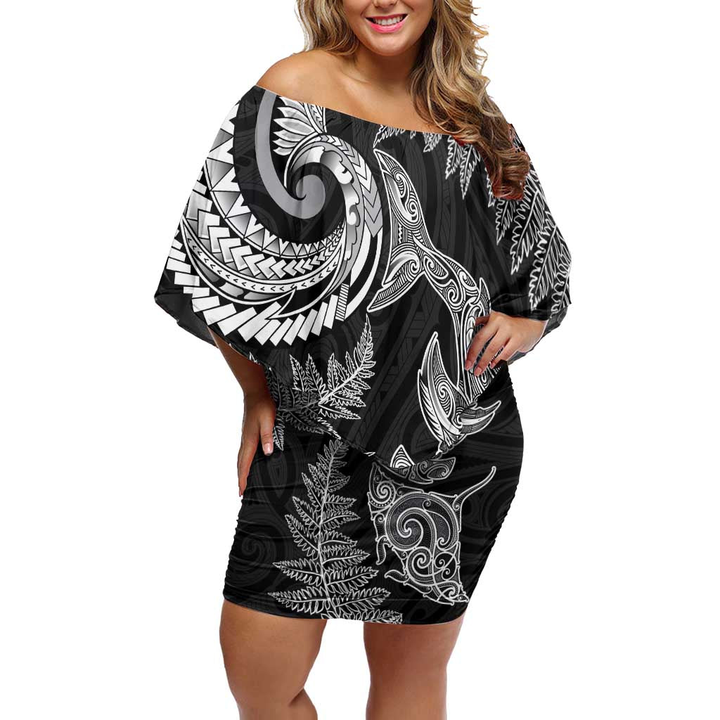 New Zealand Sea Animals with Maori Tribal Tattoo Off Shoulder Short Dress Shark Manta Ray with Silver Fern Black LT03 Women Black - Polynesian Pride