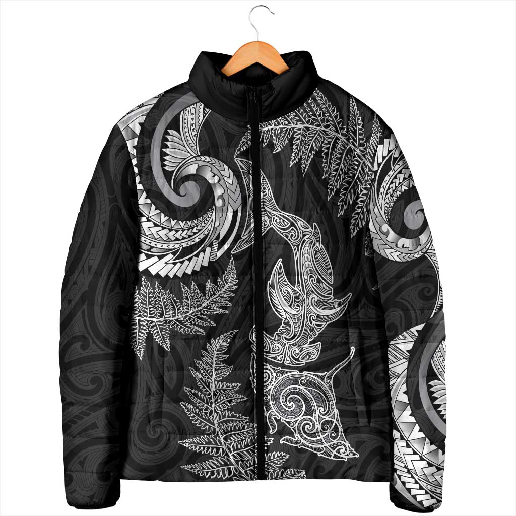 New Zealand Sea Animals with Maori Tribal Tattoo Padded Jacket Shark Manta Ray with Silver Fern Black LT03 - Polynesian Pride