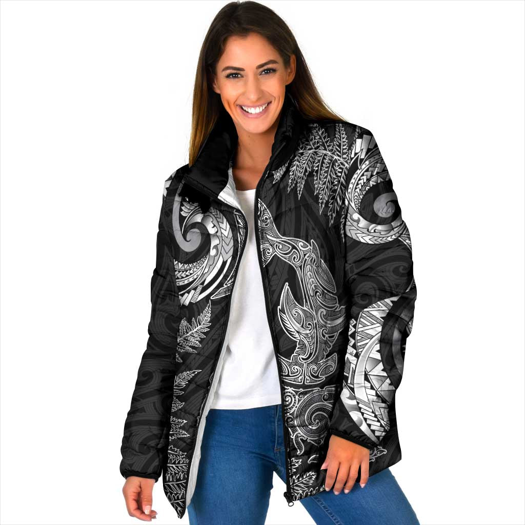 New Zealand Sea Animals with Maori Tribal Tattoo Padded Jacket Shark Manta Ray with Silver Fern Black LT03 Women Black - Polynesian Pride