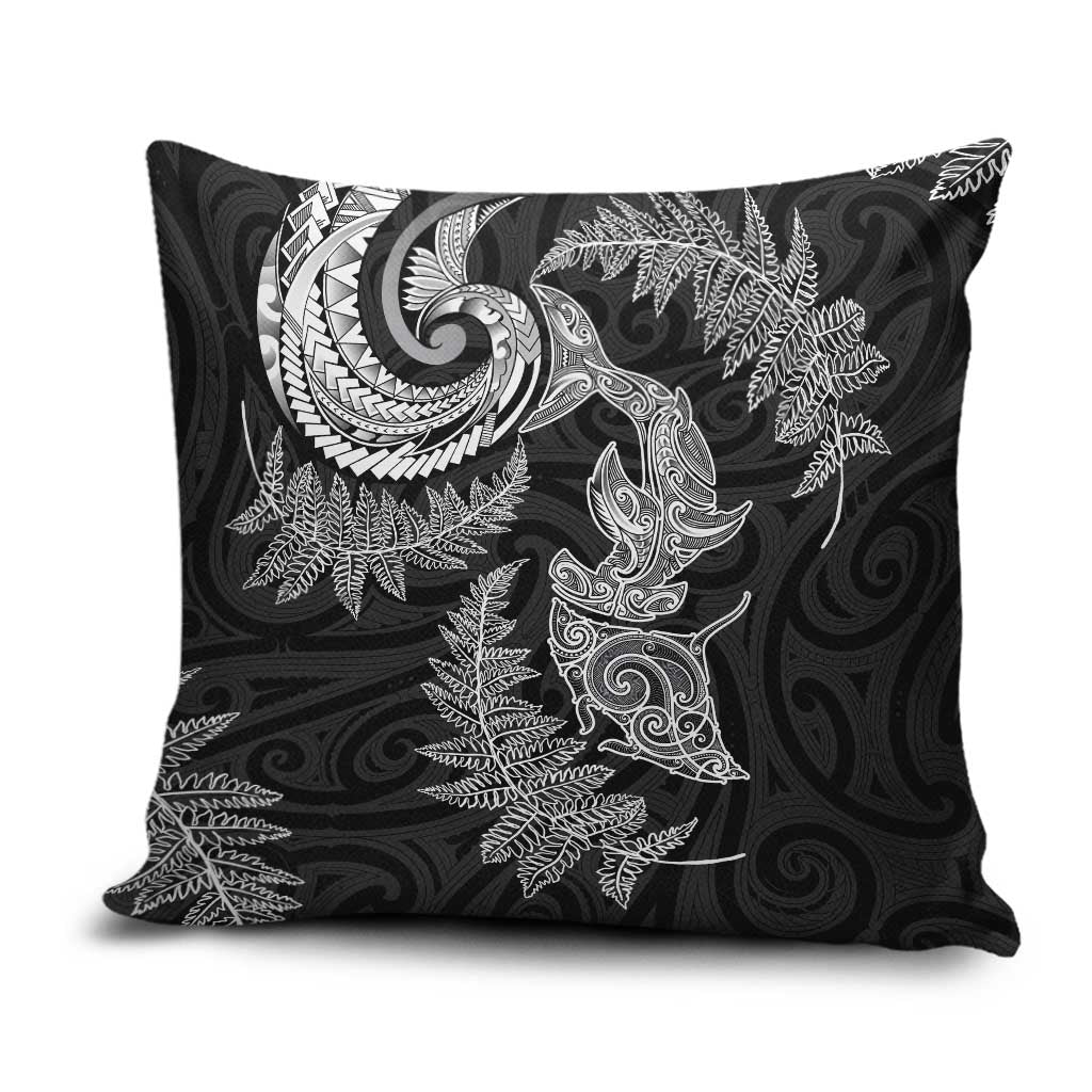 New Zealand Sea Animals with Maori Tribal Tattoo Pillow Cover Shark Manta Ray with Silver Fern Black LT03 Black - Polynesian Pride
