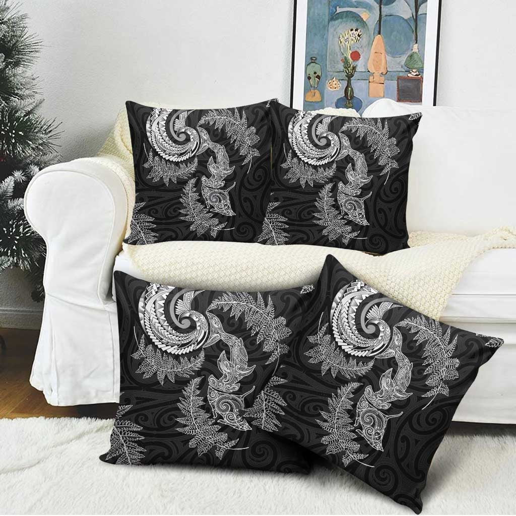New Zealand Sea Animals with Maori Tribal Tattoo Pillow Cover Shark Manta Ray with Silver Fern Black LT03 - Polynesian Pride