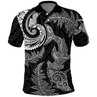 New Zealand Sea Animals with Maori Tribal Tattoo Polo Shirt Shark Manta Ray with Silver Fern Black LT03 Black - Polynesian Pride