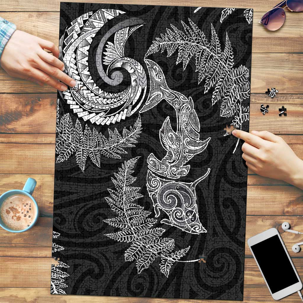 New Zealand Sea Animals with Maori Tribal Tattoo Puzzle Shark Manta Ray with Silver Fern Black LT03 Black - Polynesian Pride