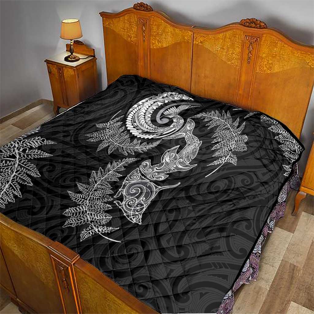 New Zealand Sea Animals with Maori Tribal Tattoo Quilt Shark Manta Ray with Silver Fern Black LT03 - Polynesian Pride