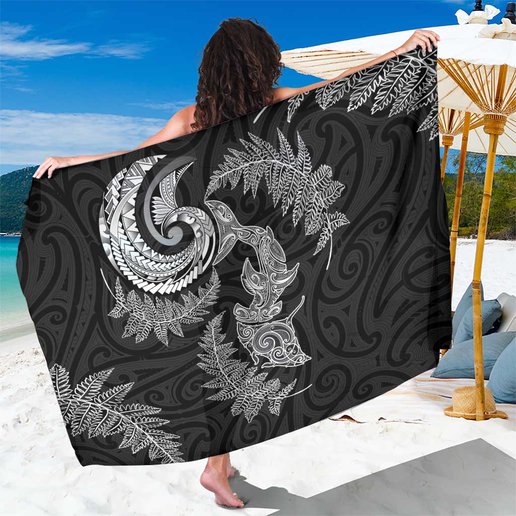 New Zealand Sea Animals with Maori Tribal Tattoo Sarong Shark Manta Ray with Silver Fern Black