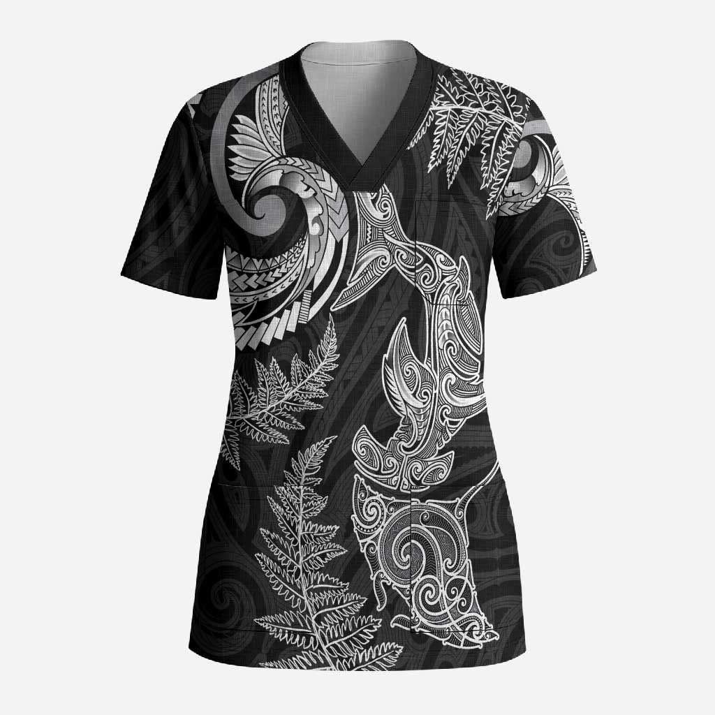 New Zealand Sea Animals with Maori Tribal Tattoo Scrub Top Shark Manta Ray with Silver Fern Black LT03 Adult Black - Polynesian Pride