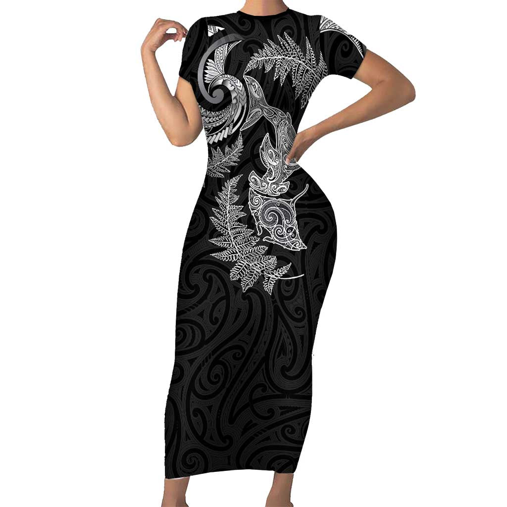 New Zealand Sea Animals with Maori Tribal Tattoo Short Sleeve Bodycon Dress Shark Manta Ray with Silver Fern Black LT03 Long Dress Black - Polynesian Pride