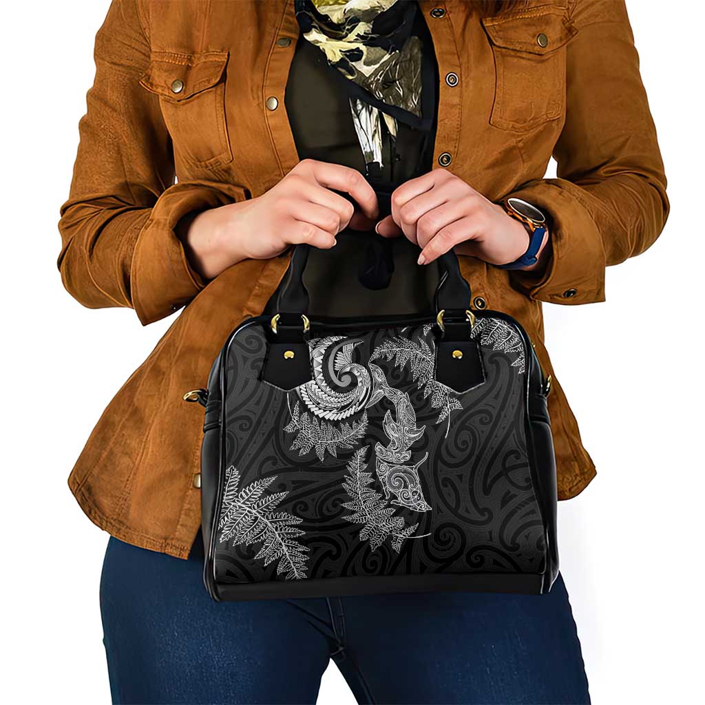 New Zealand Sea Animals with Maori Tribal Tattoo Shoulder Handbag Shark Manta Ray with Silver Fern Black LT03 - Polynesian Pride