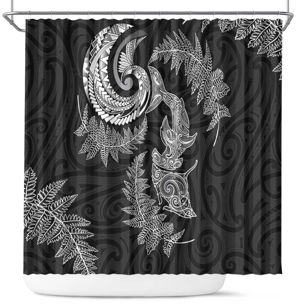 New Zealand Sea Animals with Maori Tribal Tattoo Shower Curtain Shark Manta Ray with Silver Fern Black LT03 Black - Polynesian Pride