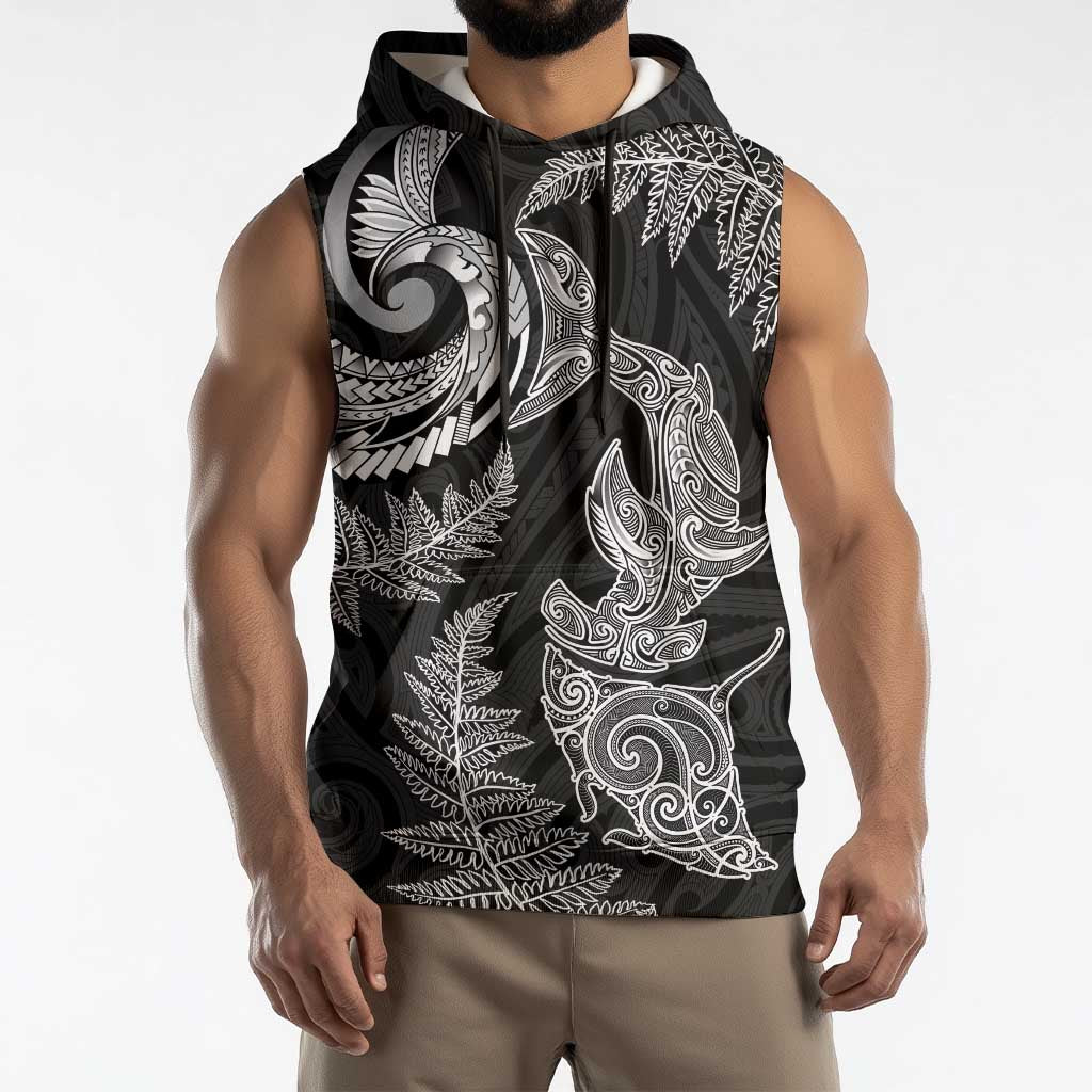 New Zealand Sea Animals with Maori Tribal Tattoo Sleeveless Hoodie Shark Manta Ray with Silver Fern Black LT03 - Polynesian Pride