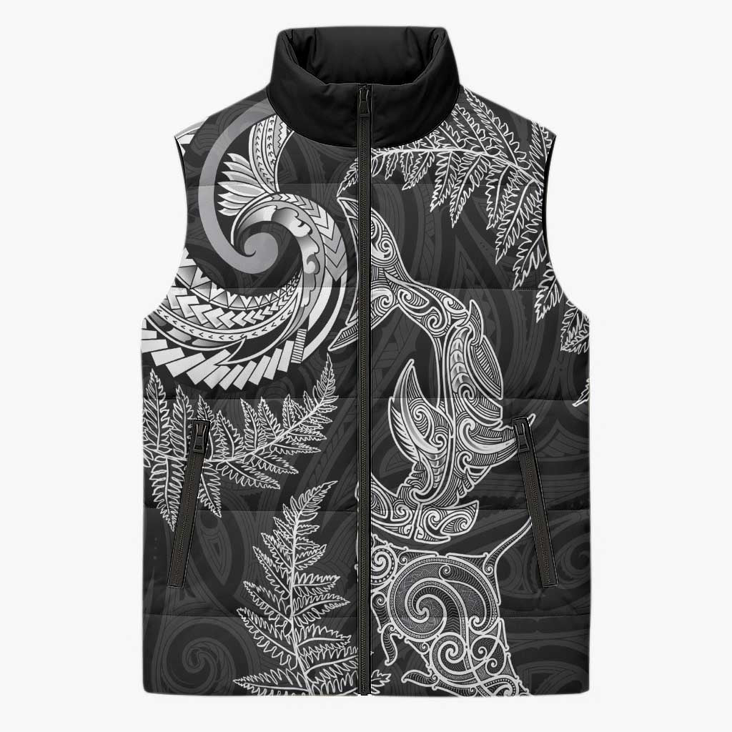 New Zealand Sea Animals with Maori Tribal Tattoo Sleeveless Puffer Jacket Shark Manta Ray with Silver Fern Black LT03 Unisex Black - Polynesian Pride