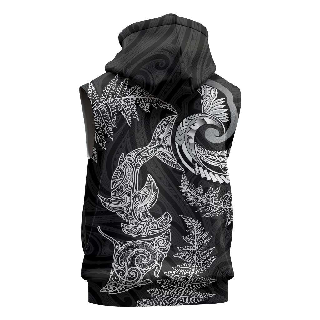New Zealand Sea Animals with Maori Tribal Tattoo Sleeveless Zip Hoodie Shark Manta Ray with Silver Fern Black LT03 - Polynesian Pride