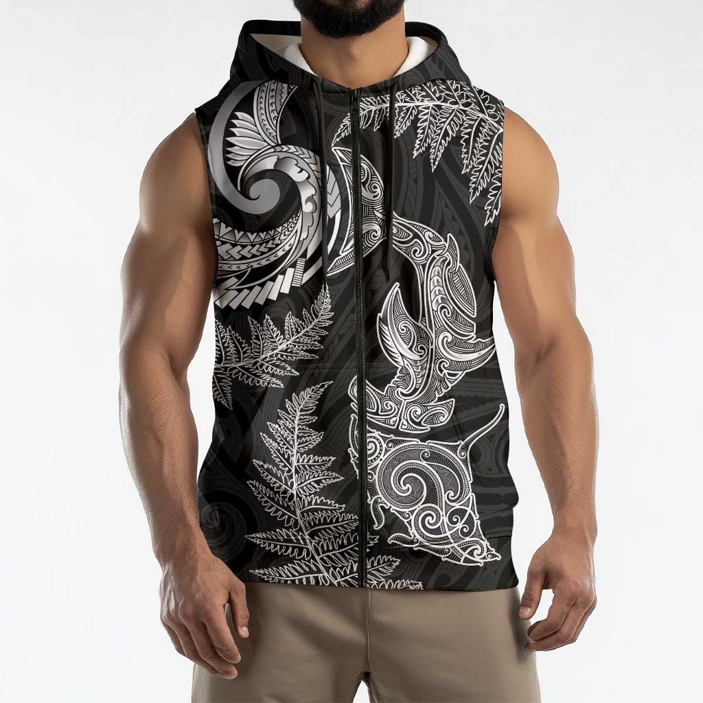 New Zealand Sea Animals with Maori Tribal Tattoo Sleeveless Zip Hoodie Shark Manta Ray with Silver Fern Black LT03 - Polynesian Pride