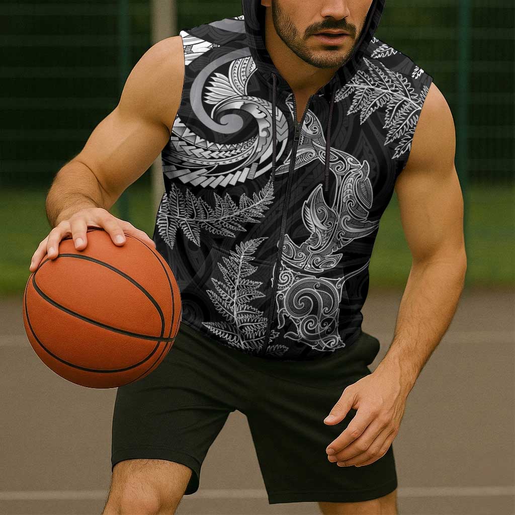 New Zealand Sea Animals with Maori Tribal Tattoo Sleeveless Zip Hoodie Shark Manta Ray with Silver Fern Black LT03 - Polynesian Pride