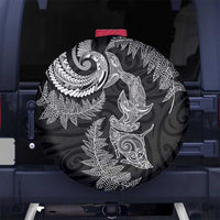 New Zealand Sea Animals with Maori Tribal Tattoo Spare Tire Cover Shark Manta Ray with Silver Fern Black LT03 No hole Black - Polynesian Pride