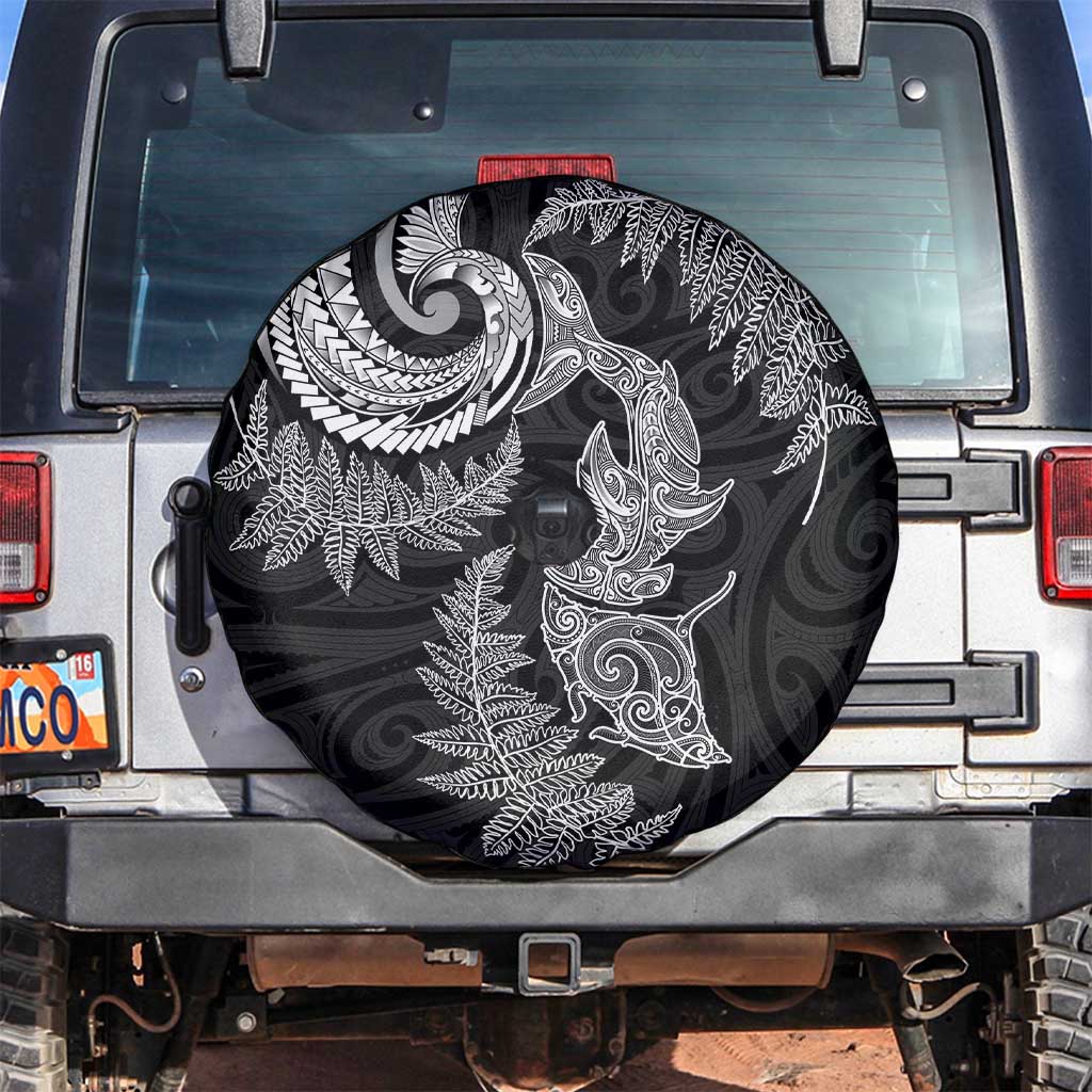 New Zealand Sea Animals with Maori Tribal Tattoo Spare Tire Cover Shark Manta Ray with Silver Fern Black LT03 Black - Polynesian Pride